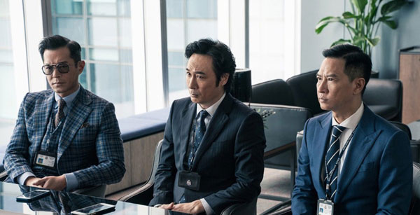 古天乐（左起）、吴镇宇和张家辉在电影《使徒行者2：谍影行动》飙戏。