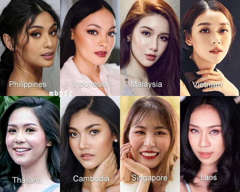 8名东南亚国家的美后一字排开，下排右2的新加坡美后Charlotte Chia被指无法“媲美”。（取自网络）