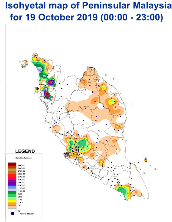 大马半岛于10月19日凌晨12时至晚上11时期间雨量记录分布图。