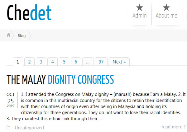 马哈迪在部落格撰文谈论马来人尊严大会。（图截自马哈迪部落格chedet.cc）