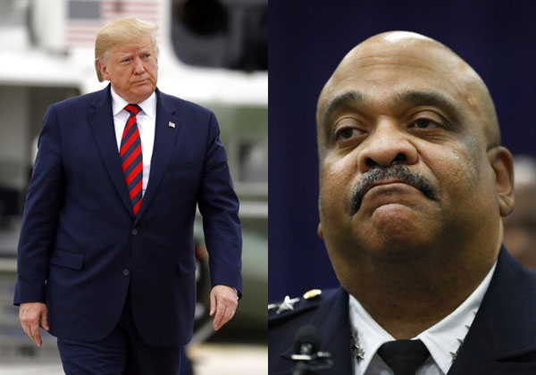 美国总统特朗普（左）批评芝加哥是罪犯避风港，警察总长约翰逊批评他经常发表分化社会的言论。（美联社）