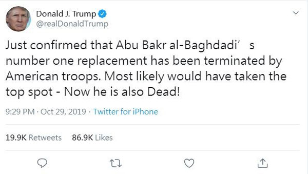 特朗普透过推特贴文称已证实IS首领继任者已遭美军击杀。
