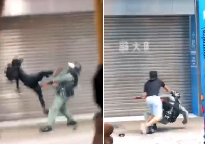 示威者起飞脚踢向防暴警员脸部。