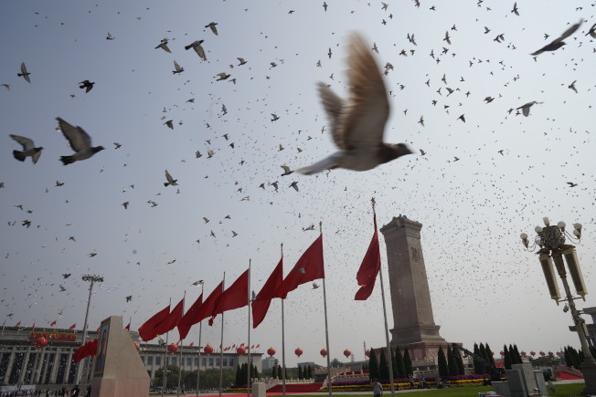 “十一”阅兵后，在天安门广场上放飞的和平鸽。（新华社）