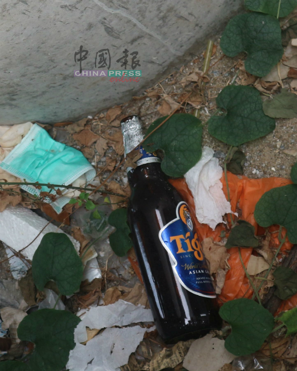桥底有纸皮、酒瓶、矿泉水瓶等等的垃圾，相信是聚集在桥底的人士留下的垃圾。