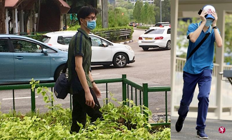 左图为萧凯元之前被判缓刑监视21个月。（档案照）右图为他周六戴帽和口罩，步出法庭时遮遮掩掩。 （《海峡时报》）