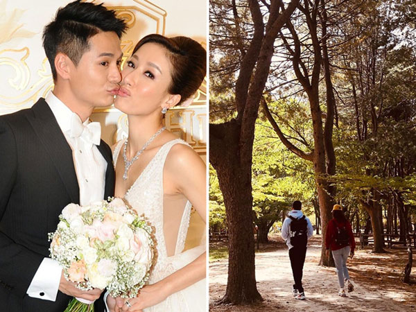 杨怡与罗仲谦结婚3周年纪念日，杨怡IG晒出夫妇二人在树林下漫步照片。