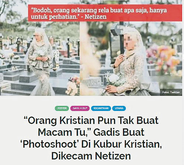 马来女子闯入基督教墓园拍照，引起网民狠批不尊重其他宗教。（图取自Siakap Keli网站）