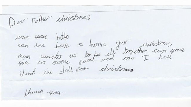 一个7岁的女孩给圣诞节父亲写了一封信，要求为她的家人提供住房和食物。