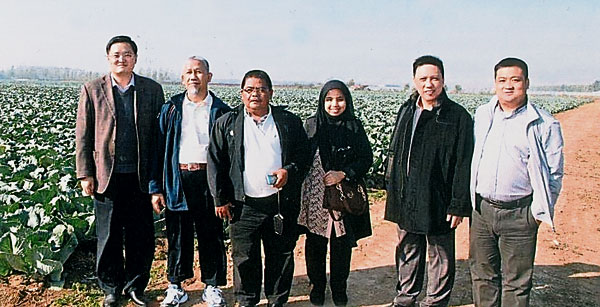 我国农业部官员到郑明发（右2）位于中国的包菜农耕地考察。