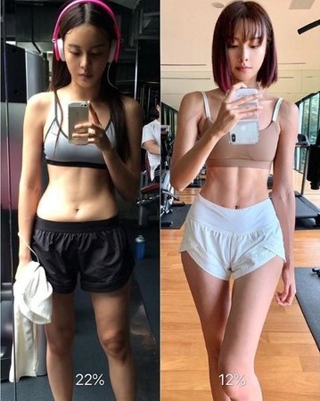 李元玲公开减脂前后的照片，她在减脂前的体脂肪是22%，减脂后是12%。图/IG