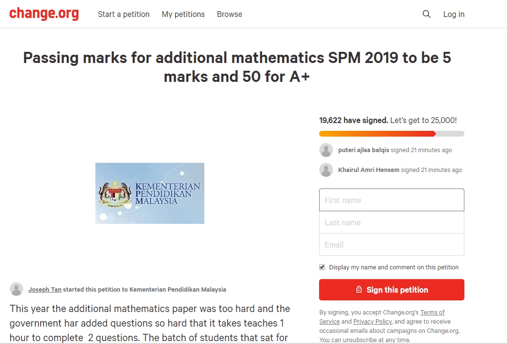 网民在发起请愿联署，要求政府关注今年SPM高级数学科试卷太难的问题。