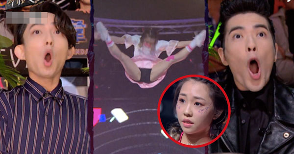 林宥嘉(左)和萧敬腾(右)被李艾薇的空抛动作惊吓。
