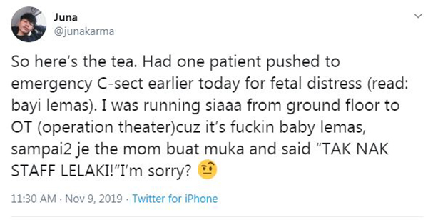 祖纳推文分享他日前当值时，一名孕妇因他是男医生而要求换医生的手术室趣事。