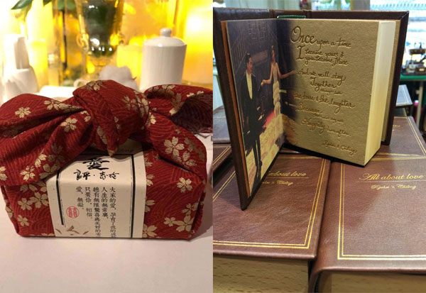 林志玲与AKIRA送给宾客的伴手礼是书本音乐盒，一打开就可看见两人翩翩起舞的照片。