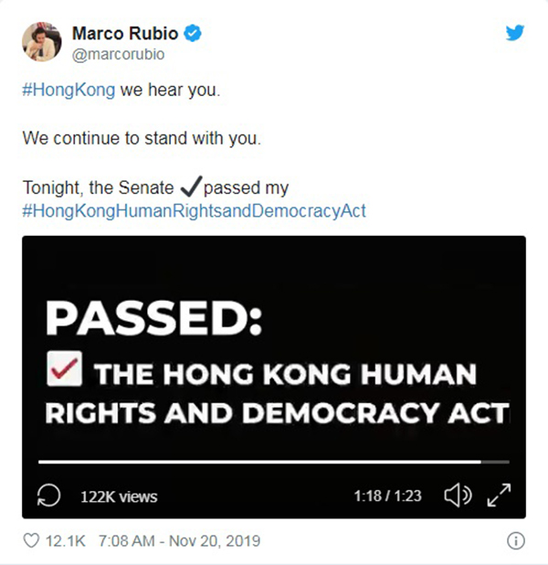 鲁比奥发推文宣布参议院通过《香港人权民主法案》的参议院版本。