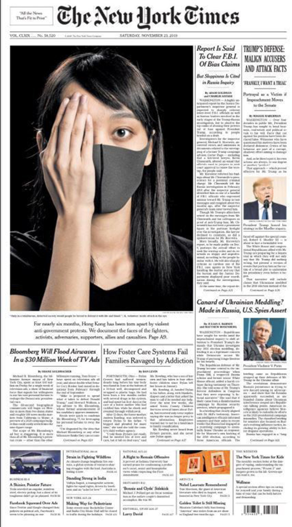 《纽约时报》周六以头版登出该名少女的相片，占去近半版面。
