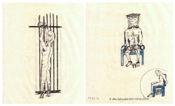 囚犯朱贝达透过素描，描述他被囚禁于CIA“黑牢”时，遭受的刑求方式。图为压力姿势。