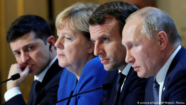 4国领导人上次以“诺曼底模式”的聚会是在2016年。由左至右:乌克兰总统泽连斯基、德国总理默克尔、法国总统马克龙、俄国总统普京。