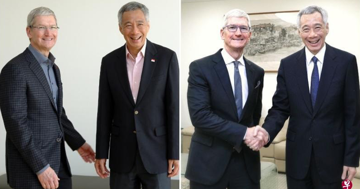 李显龙上传2张合照，左边一张是2016年2月在苹果总部，右边一张是周三在新加坡和他见面的合照。