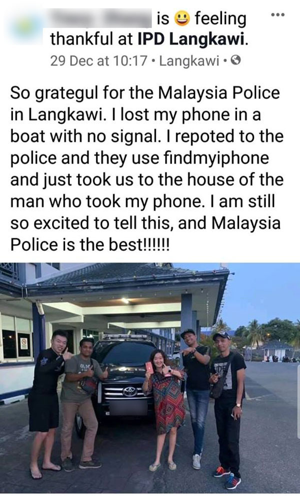 Tracy Zhang （中）感谢警方热心帮忙，为她找到手机。（照取自Tracy Zhang面子书）