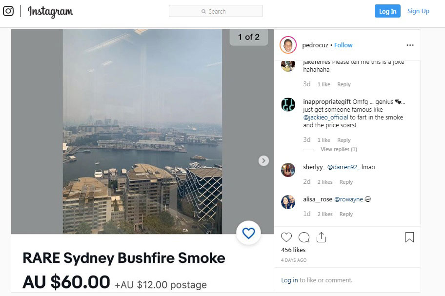 佩德罗在Instagram向网民说，竟然有人购买脏空气。