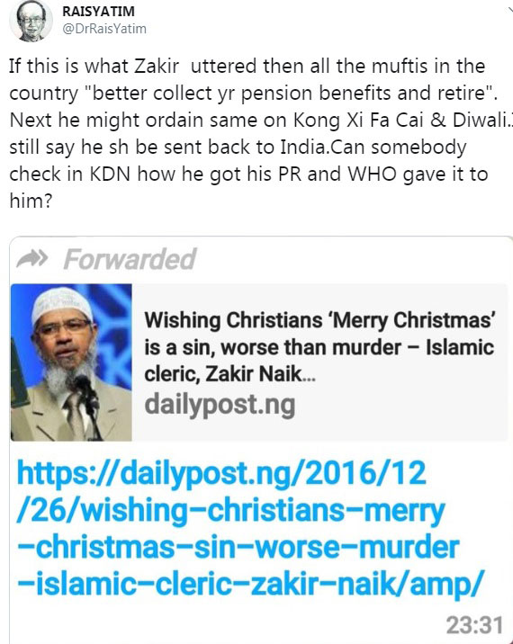 查基尔纳益指穆斯林祝福基督徒“圣诞快乐”是一种罪过帖文，在社交媒体流传。