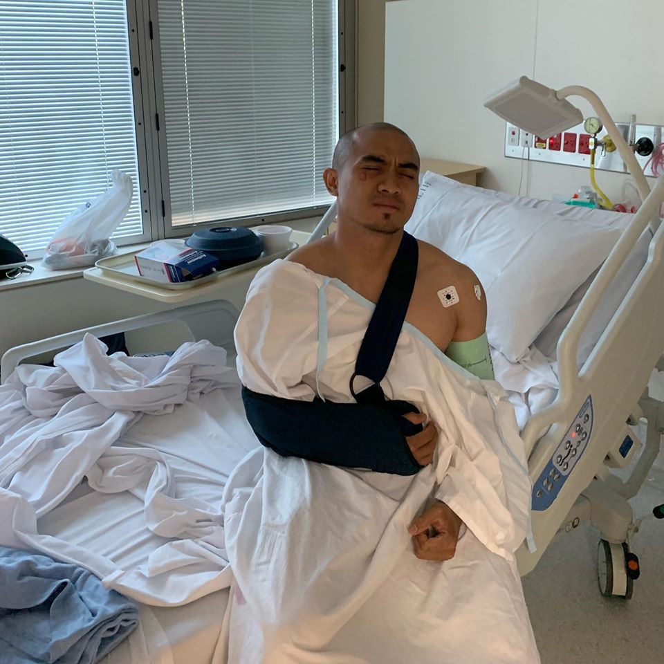 阿兹祖通过社交媒体叙述他今日比赛发生意外的心情；图为他在医院接受治疗。（摘自阿兹祖Instagram）