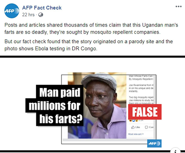 乌干达一名男子称放屁能将方圆6公尺内的恶蚊“臭死”，但《法新社》求证部门调查后，发现上述消息实属假新闻。
