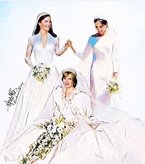 英国凯特王妃、梅根王妃及戴安娜王妃结合画作，引起网民热议。