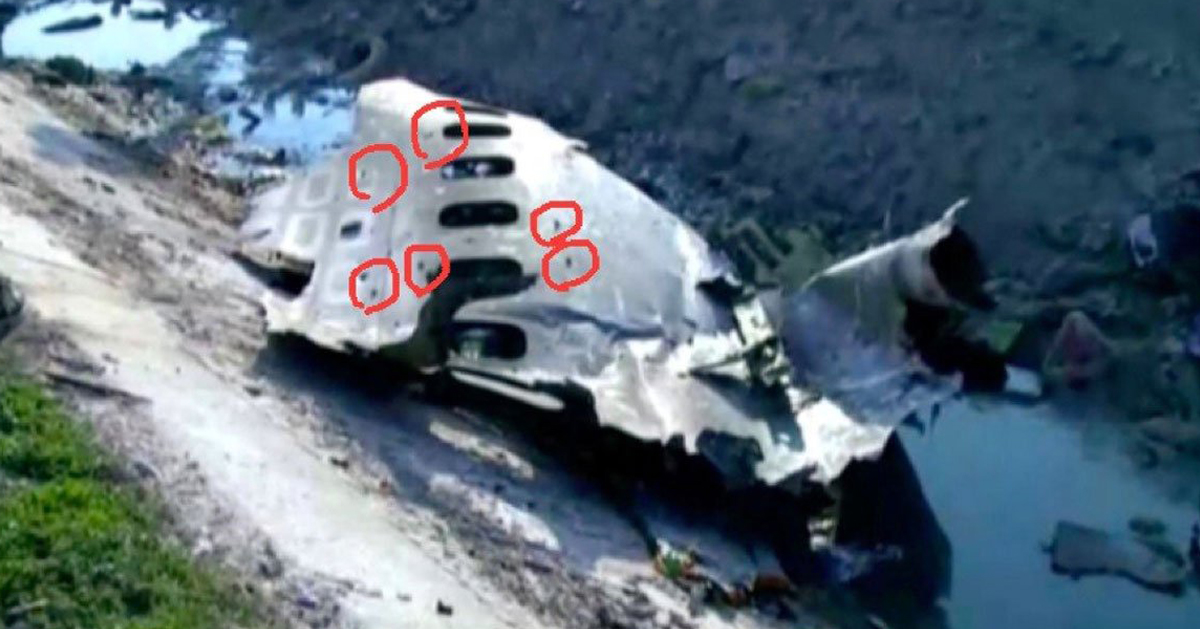 8日坠毁在伊朗的乌克兰客机，机体窗户附近似有投射物留下的洞痕。