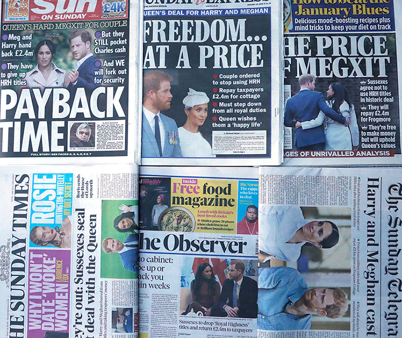英国各报周日头版，都关注哈里夫妇失去“殿下”头衔一事，多数报纸形容两人必须“付出代价”，《太阳报》的标题甚至打着“是时候偿还”。（美联社）