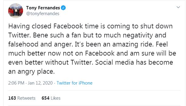 东尼费南德斯宣布关闭推特账号。（取自东尼费南德斯推特）