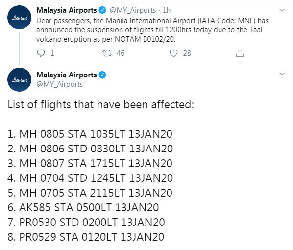 马航宣布停飞往返马尼拉国际机场的航班。（截图取自马航官网）