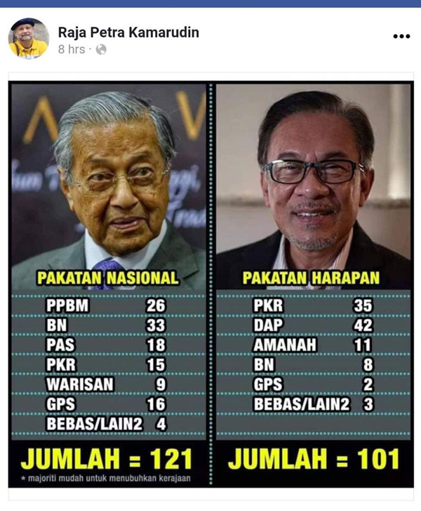 马哈迪另组新联盟政府的传言，近日甚嚣尘上。这是著名部落客拉惹柏特拉在网上发布的议席数目形势表，到底有多准确？