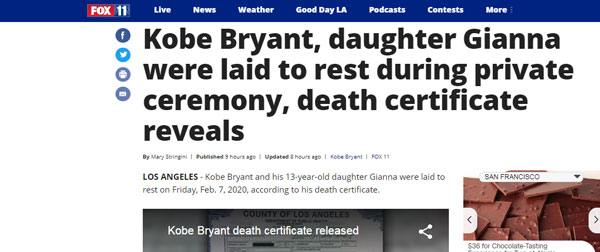 福克斯11台报导柯比及次女吉安娜的遗体，已在上周五下葬。