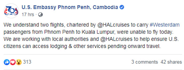 美国驻柬埔寨大使馆面子书发布2从金边飞往吉隆坡的班机无法起飞。