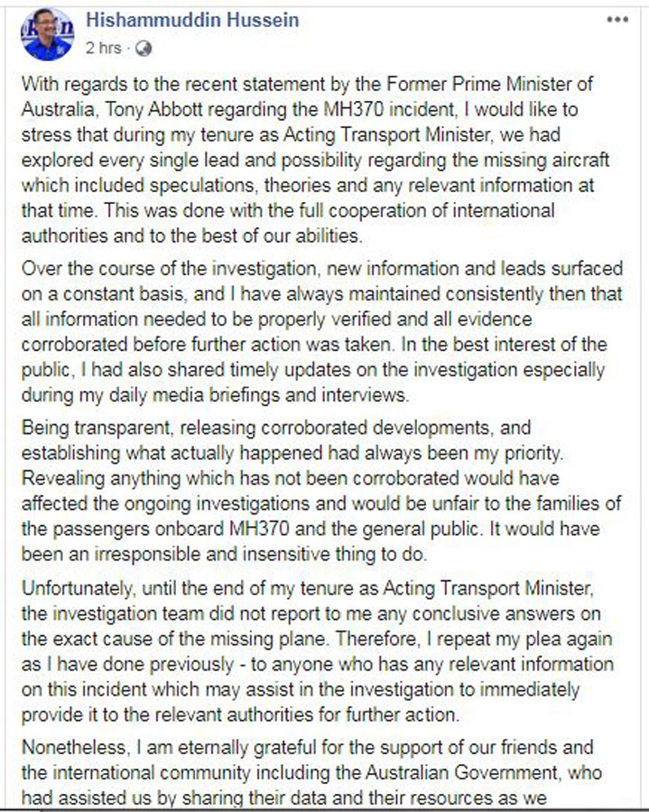 希山慕丁促请任何人，若掌握MH370客机的讯息，应提供给有关当局调查。（图取自希山丁面子书）