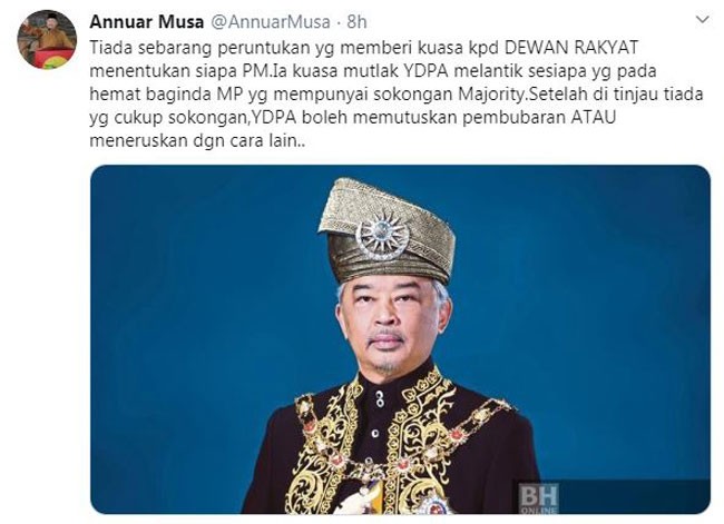 安努亚推文表达不认同马哈迪提出的“国会下议院表决新首相”的言论。