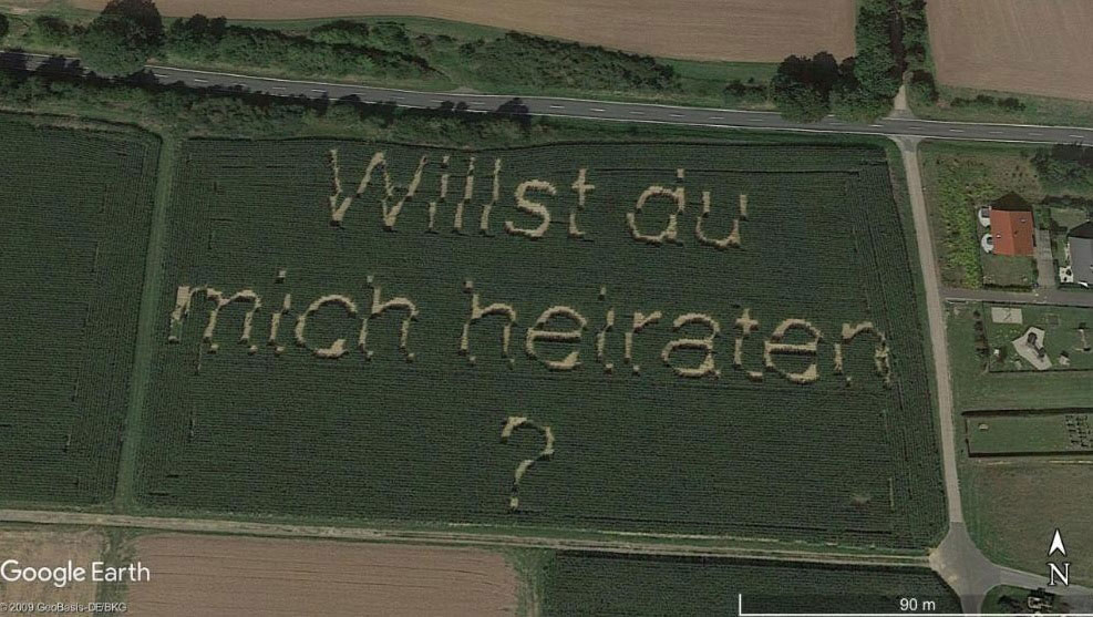 谷歌地图记录了施瓦兹在玉米田种出的求婚字眼。