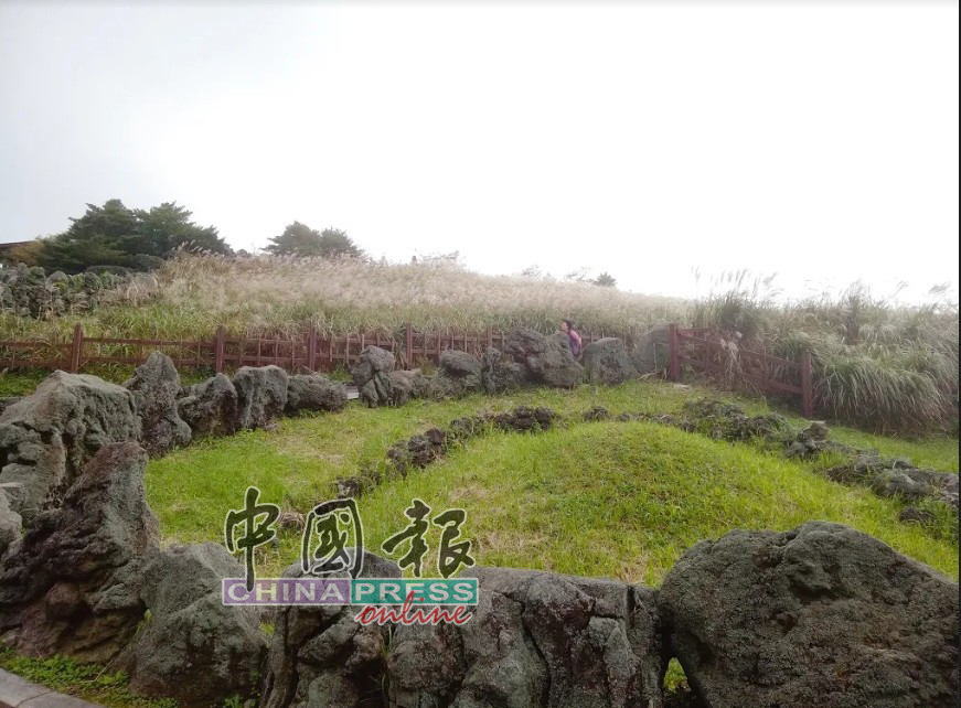 在草原上零零散散的小石堆是前人的坟墓，是韩国古老坟墓的一种。