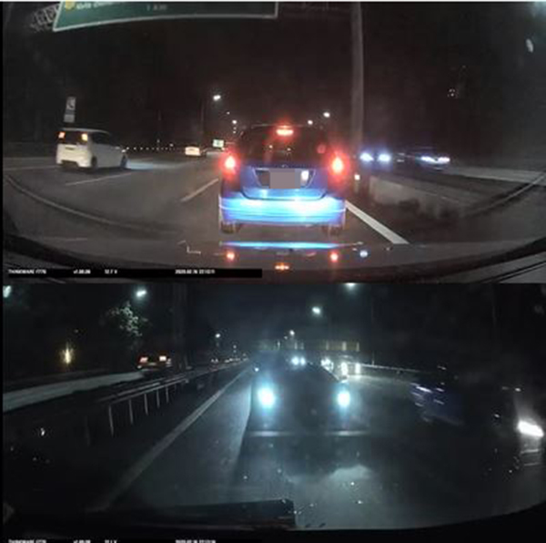 富豪轿车行车记录仪画面显示，肇祸轿车突然停下后，富豪轿车和后方的蓝宝基尼也已跟着停下。