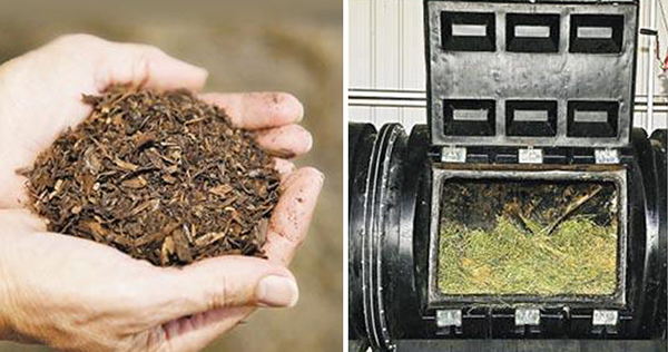 左图为试验所制成的肥料；右图为试验所使用的钢制容器，内部装满木屑、稻草及苜蓿。(互联网)