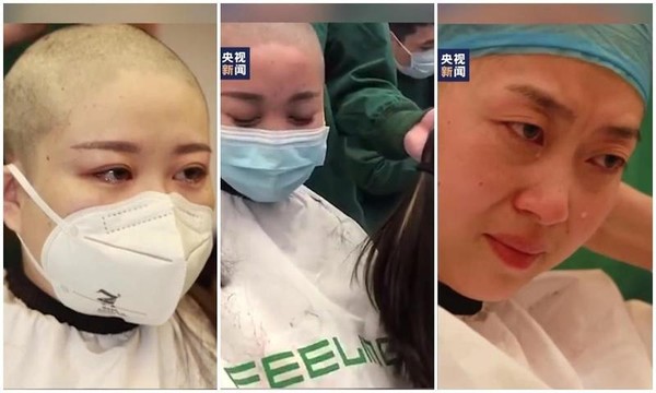 中国媒体拍摄即将前往湖北支援的甘肃女医护被剃光头视频。