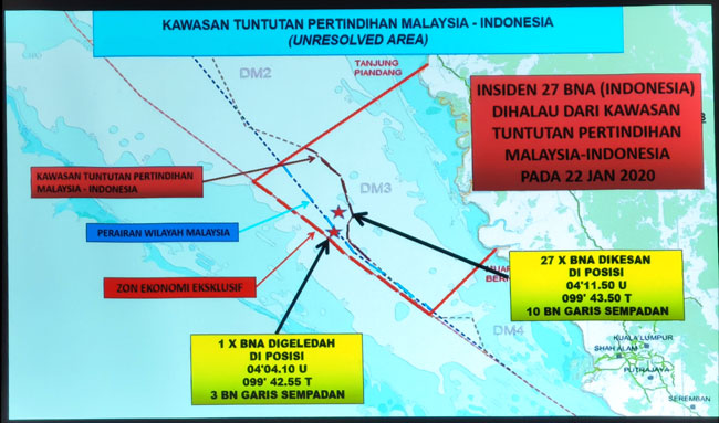 大马海事执法机构以图测方式，标明印尼渔船入侵灰色海域的记号。