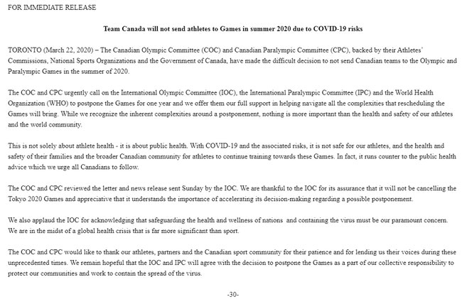 加拿大奥委会和残奥会共同发表声明，不会出战今年的东京奥运会。