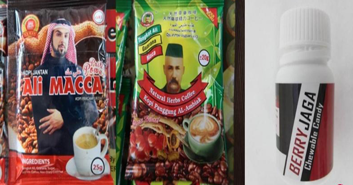 新加坡卫生科学局促请公众不要购买或使用这三款产品：（左起）Kopi Jantan Ali Macca，Kopi Panggung AL-Ambiak Natural Herbs Coffee，以及Berry Jaga Chewable Candy。（新加坡卫生科学局提供） 