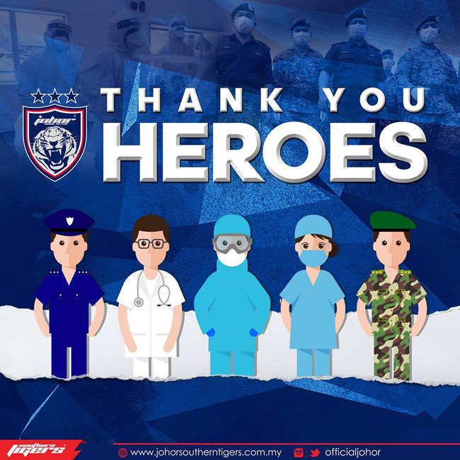 “柔佛南方之虎”面子书向医护及军警等前线人员致敬，球员也捐出薪金赈灾。
