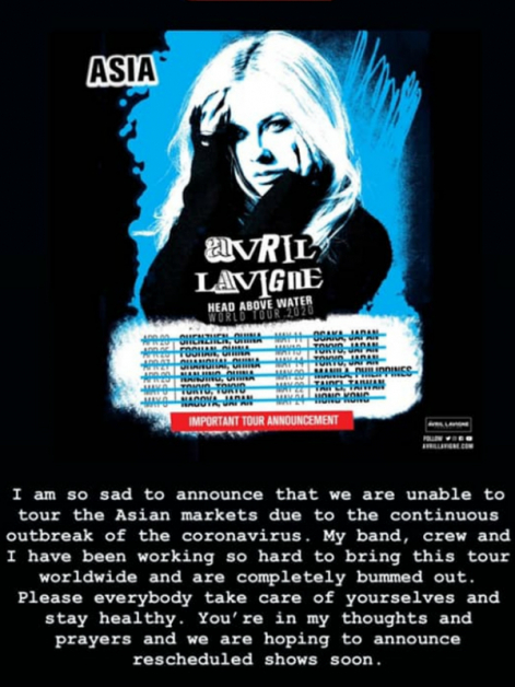 艾薇儿遗憾地宣布12场演唱会取消。

