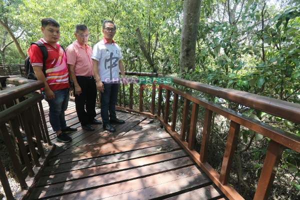 刘志良（右起）在陈劲源及朱智威陪同下，观察市政厅已进行维修的走道护栏。